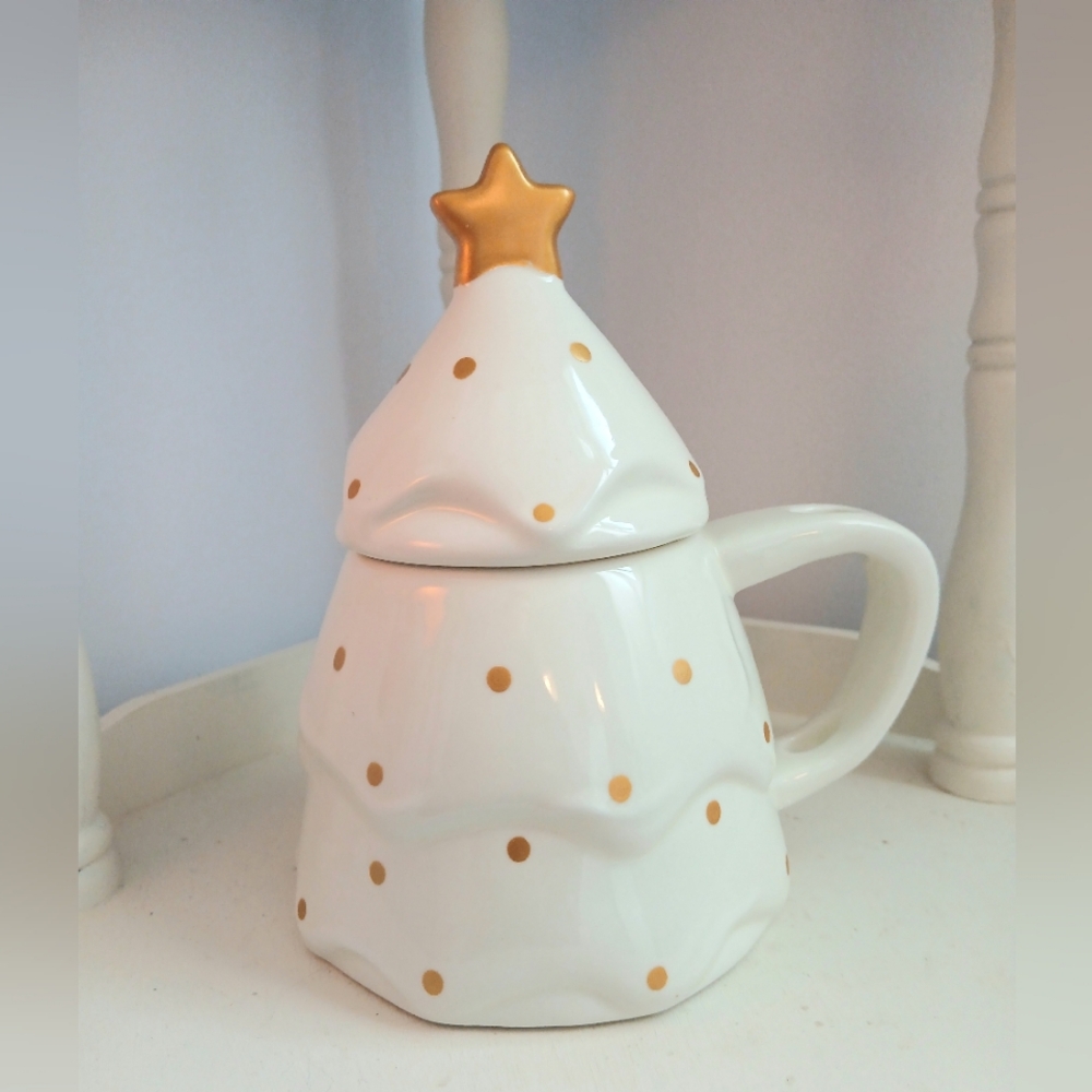 Canvas Christmas tree mug spoon holder gold white with lid FREE add on